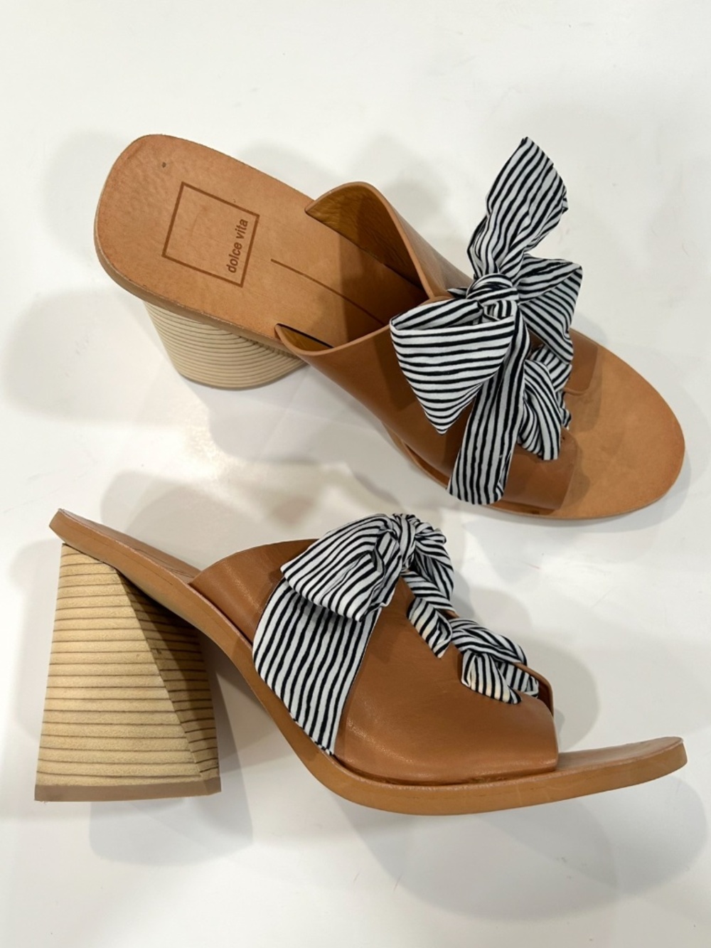 DOLCE VITA Amber Caramel Leather Mules W/ Blue & White Striped Bows Size 9.5